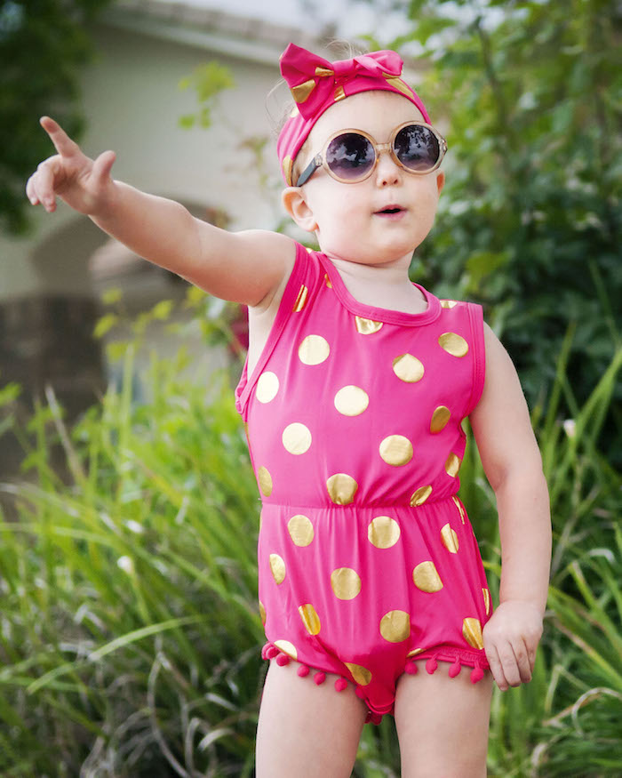 Polka Dots Pom Pom Romper Set-Hot Pink
