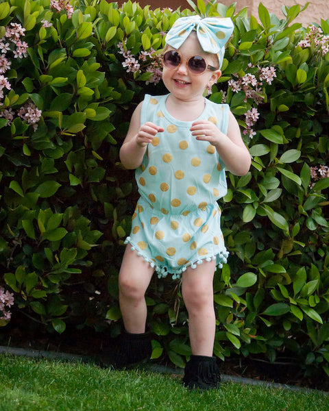 Polka Dots Pom Pom Romper Set-Light Aqua