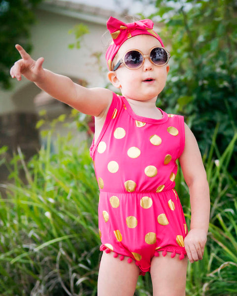 Polka Dots Pom Pom Romper Set-Hot Pink