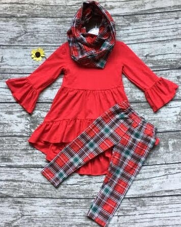 Red Plaid 3 Piece Scarf Outfit
